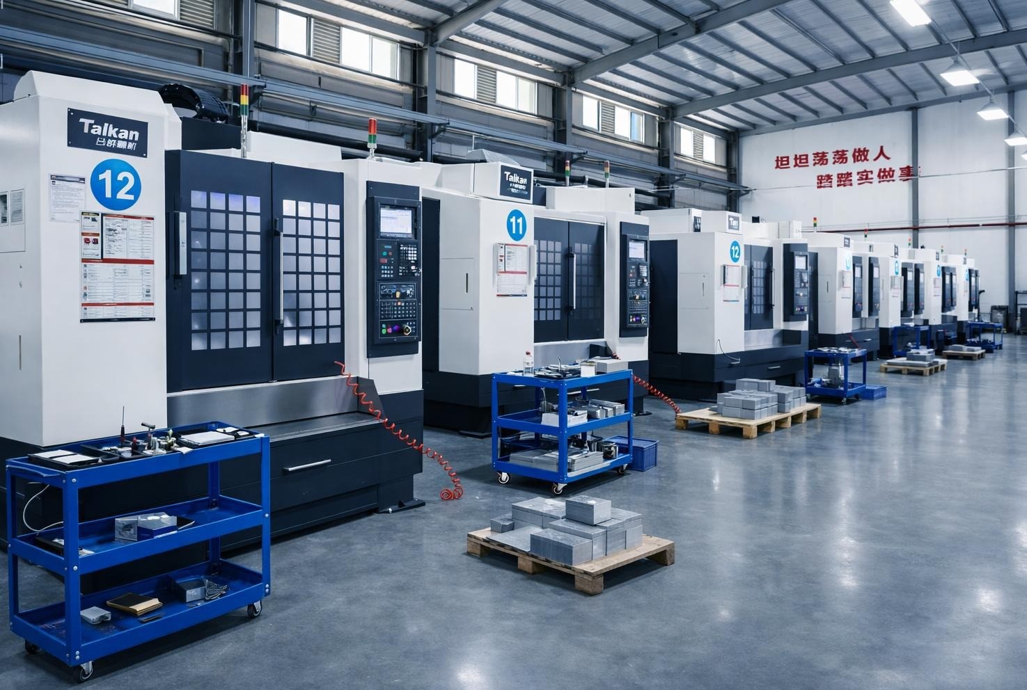 Row of Talkan CNC vertical machining centres on the shop floor