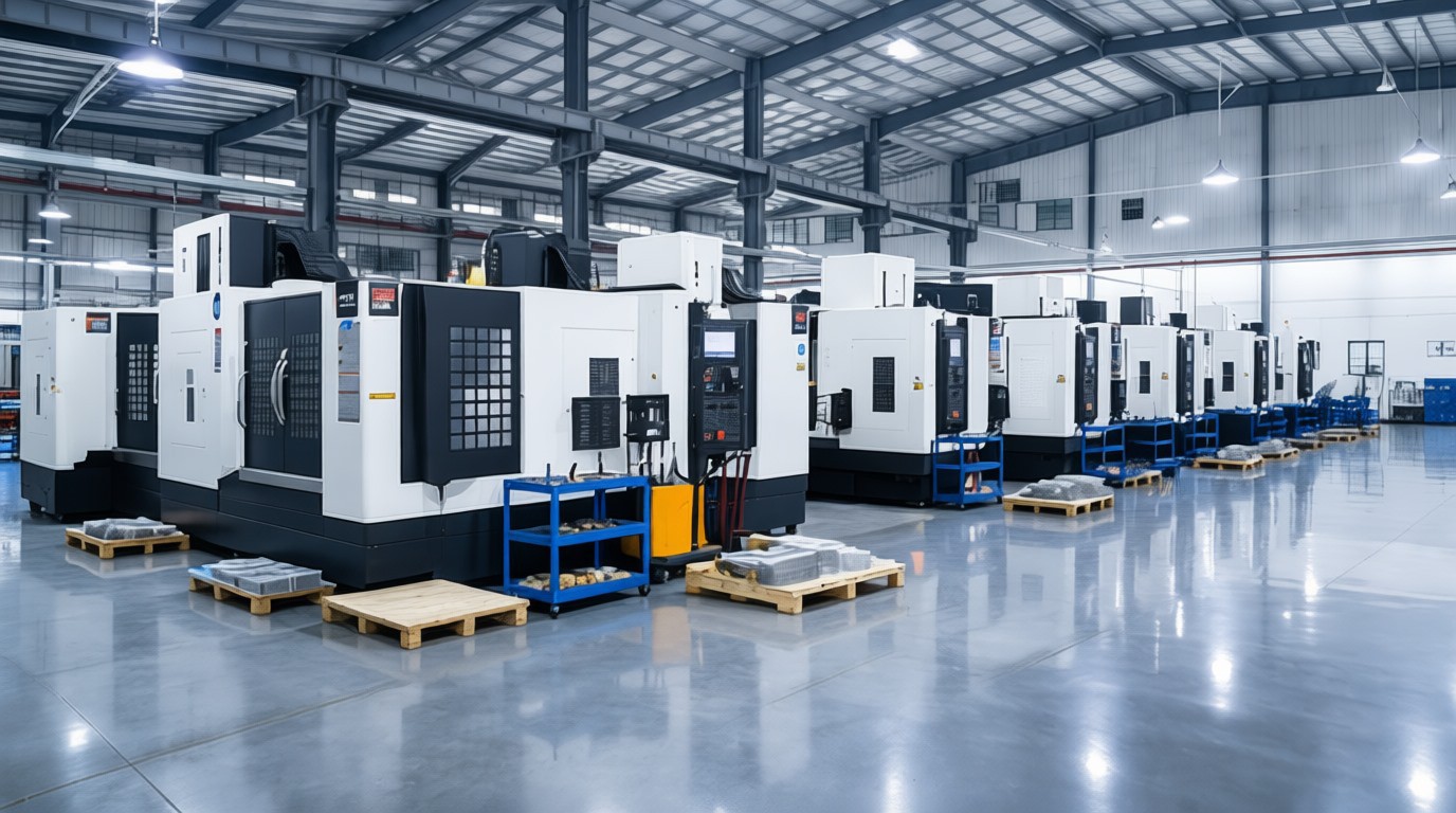 Wide view of the CNC workshop floor with machining centres, lathes and grinders