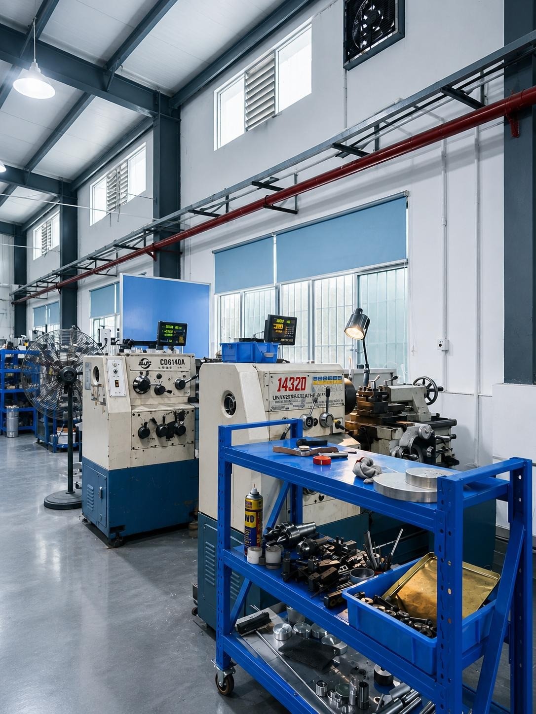 Conventional lathes set up with cutting tools and fixtures