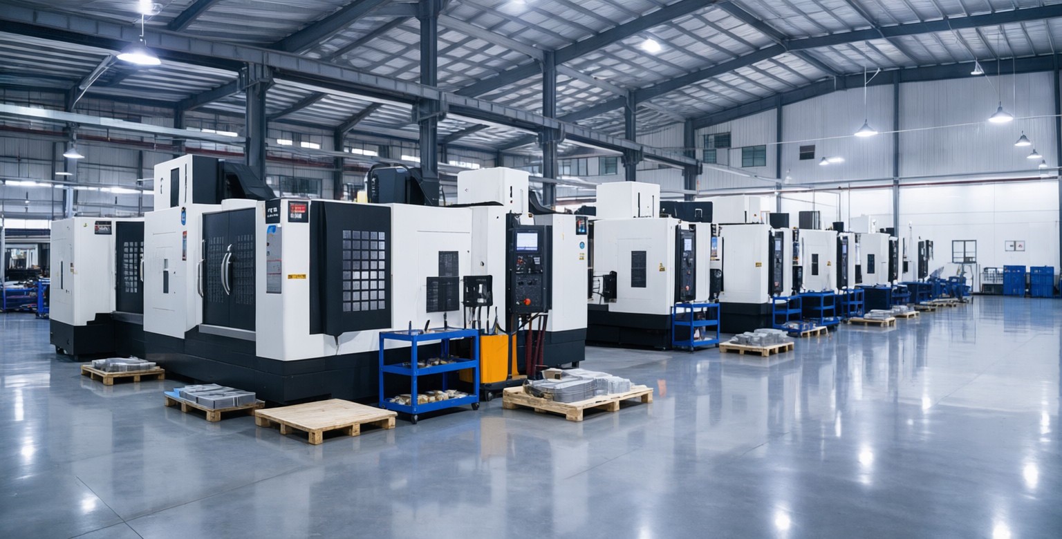 Line of CNC vertical machining centres along the workshop aisle
