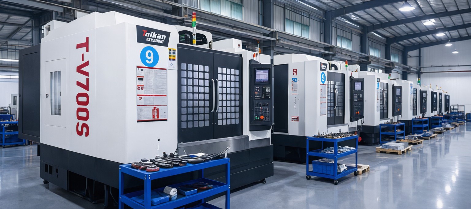 T-V700S machining centre with blue tool trolley on the shop floor